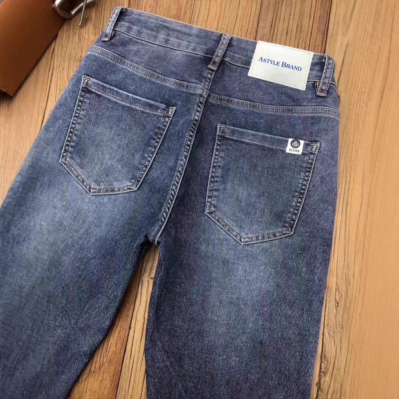 Muške plave elastične traperice sa printom, slim-fit, za jesen