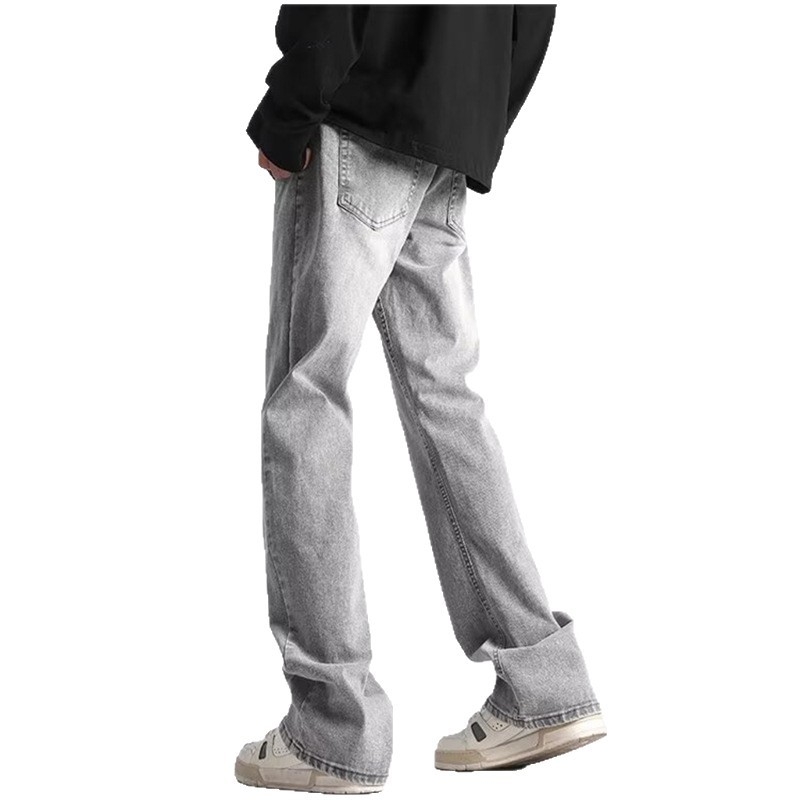 Мъжки дънки в американски ретро стил, сив деним, прав крак, лек флер, пране с камък, за пролет и есен