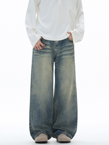 Muxi Clothing – Американски стил модерен бранд, изпрани широки дънени панталони с 3D дизайн на котешки мустак, мъжки дънени панталони