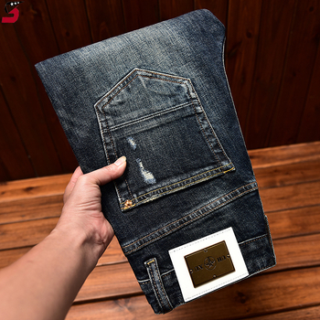 Мъжки дънки в корейски стил, разкъсани участъци и нашивки, Slim Fit, еластичен деним за есен-зима