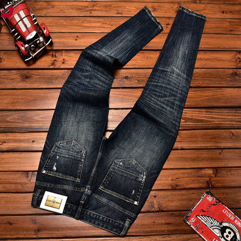 Мъжки дънки в корейски стил, разкъсани участъци и нашивки, Slim Fit, еластичен деним за есен-зима