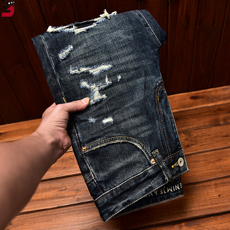 Мъжки дънки в корейски стил, разкъсани участъци и нашивки, Slim Fit, еластичен деним за есен-зима
