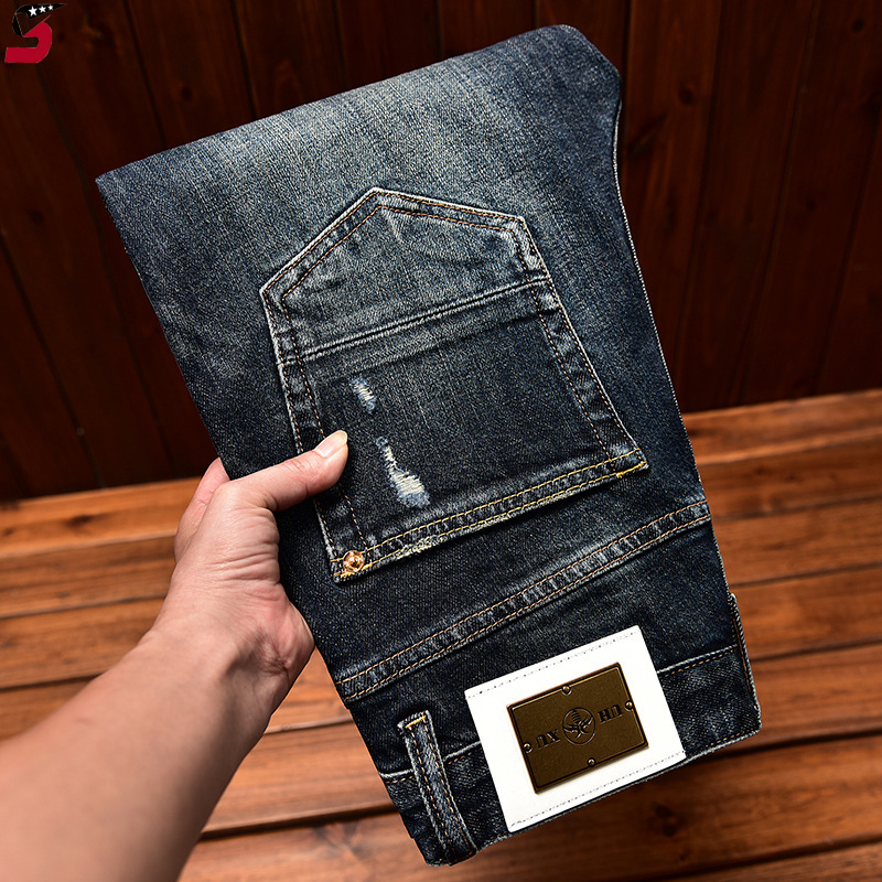 Мъжки дънки в корейски стил, разкъсани участъци и нашивки, Slim Fit, еластичен деним за есен-зима