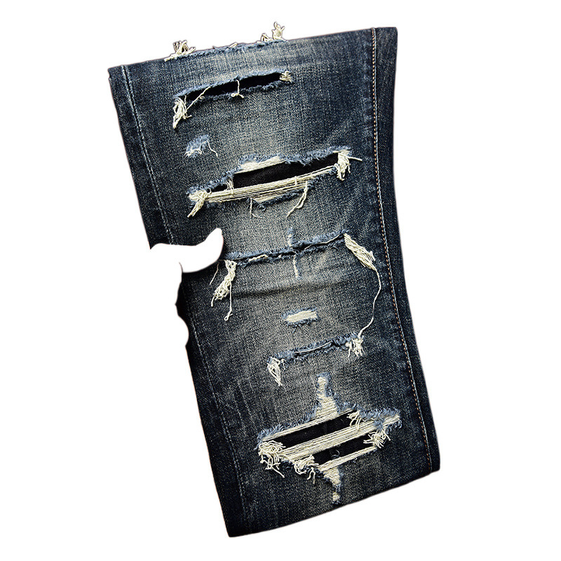 Мъжки дънки в корейски стил, разкъсани участъци и нашивки, Slim Fit, еластичен деним за есен-зима