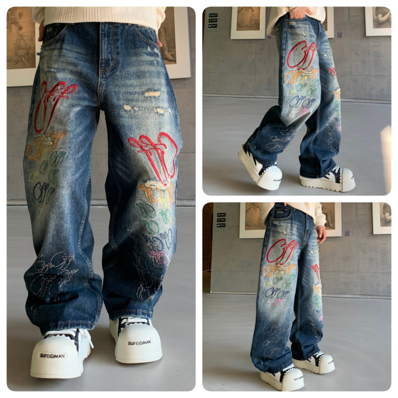 Muške traperice s američkim slovima u izvezenom dizajnu, ravni kroj, jesenji streetwear dizajn, široke udobne nogavice, do poda