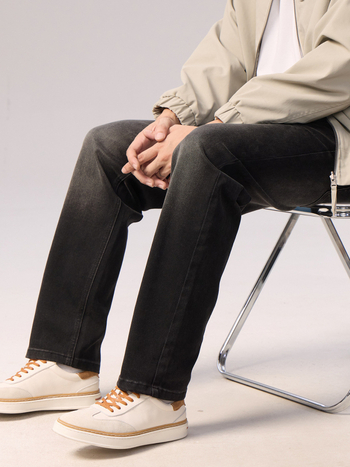 Черни деним дънки с пране за мъже и тийнейджъри, Slim Straight кройка, средна талия, ежедневен стил