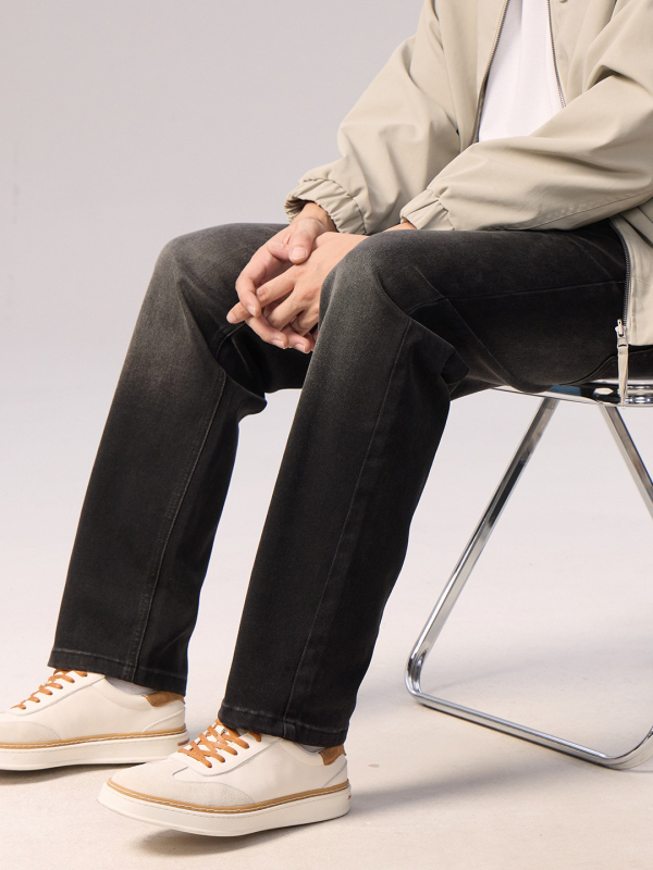 Черни деним дънки с пране за мъже и тийнейджъри, Slim Straight кройка, средна талия, ежедневен стил