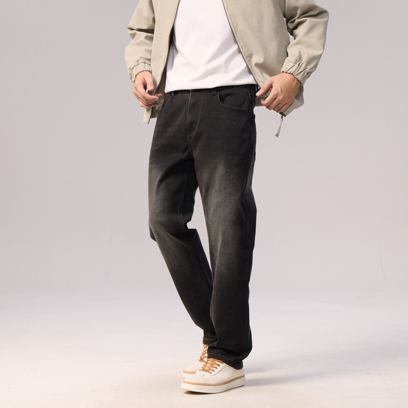 Черни деним дънки с пране за мъже и тийнейджъри, Slim Straight кройка, средна талия, ежедневен стил