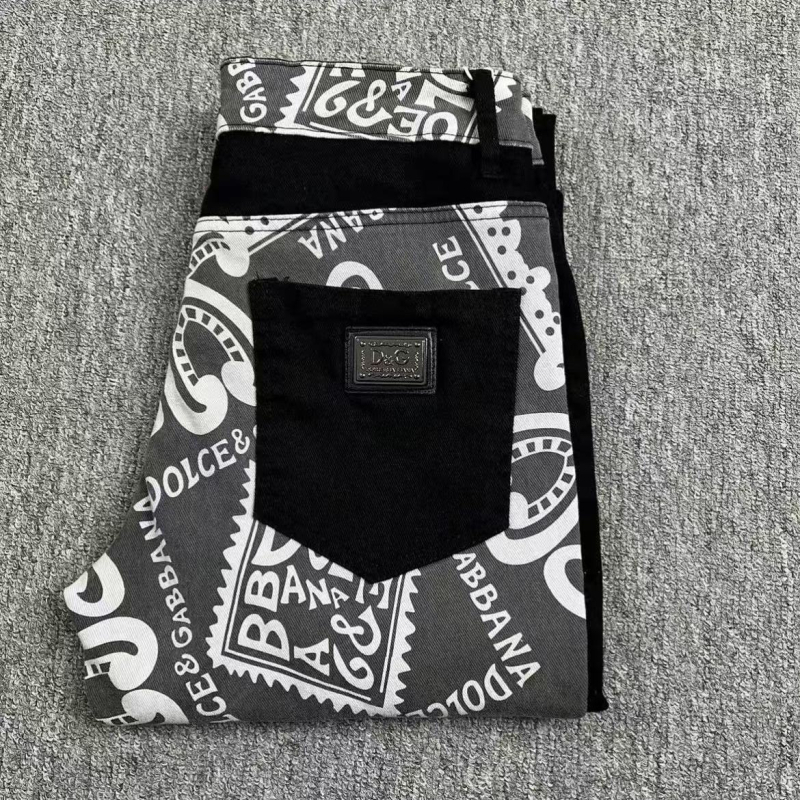 DG Dujia 24SS Muške traperice s printom, slim/straight kroj, patchwork detalji