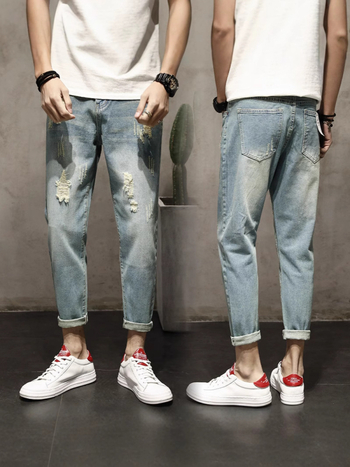 Muške iskidane traperice s pravim krojem, opuštene, američki ulični stil, retro, slim cropped