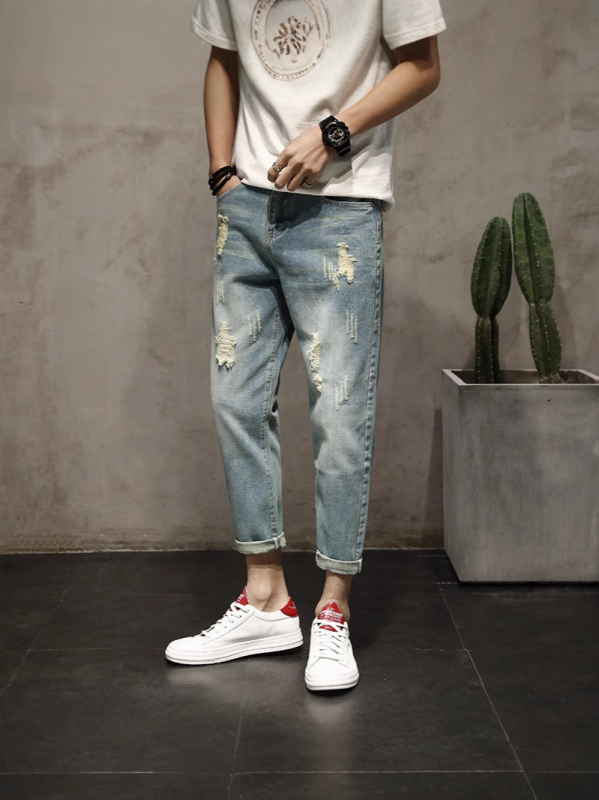 Muške iskidane traperice s pravim krojem, opuštene, američki ulični stil, retro, slim cropped