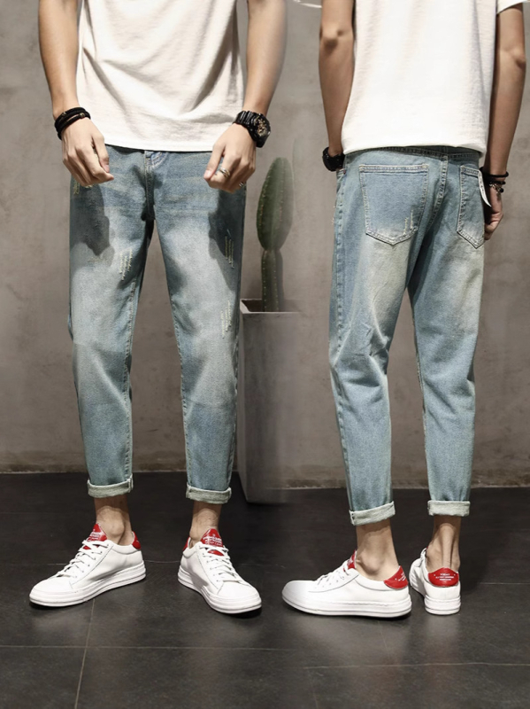 Muške iskidane traperice s pravim krojem, opuštene, američki ulični stil, retro, slim cropped