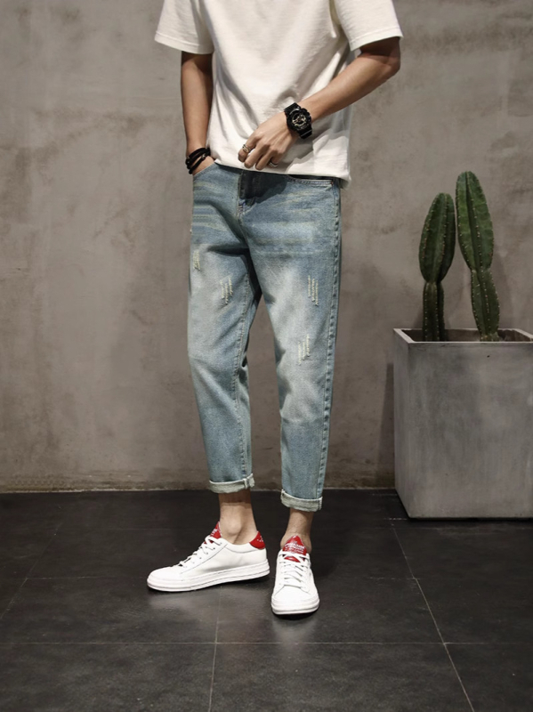 Muške iskidane traperice s pravim krojem, opuštene, američki ulični stil, retro, slim cropped