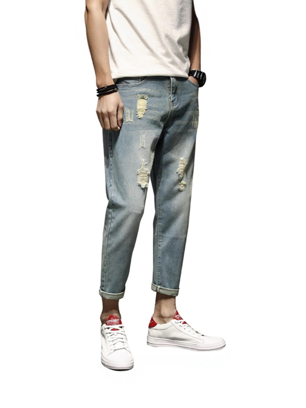 Muške iskidane traperice s pravim krojem, opuštene, američki ulični stil, retro, slim cropped