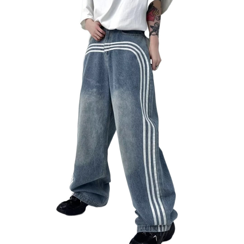 Muške traperice ravnog kroja, opuštene, panel s tri trake i trakom, isprani denim