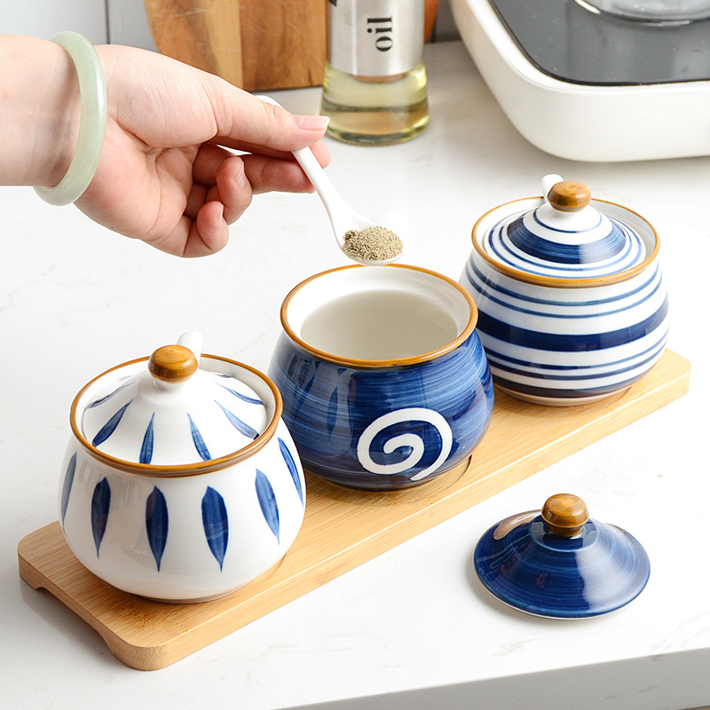 Set keramičkih posuda za začine u japanskom stilu, ručno oslikan, za kućnu kuhinju, elegantni spremnici za sol i začine