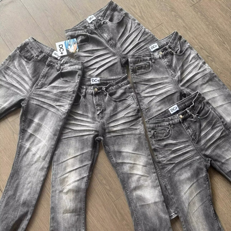 Американски уличен стил Cleanfit, Slim-Fit дънки с еластичност и ефект whisker, тежко пране за есен