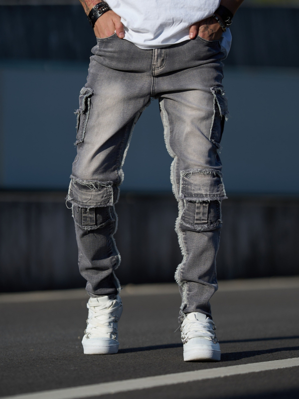 Teške retro radničke traperice s višestrukim džepovima, opušten kroj ravnih nogavica, plave denim hlače za muškarce