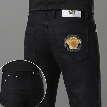 Мъжки дънкови дънки с прав крак, разтеглив деним, Slim-Fit, черни, каменно пране, пет джоба, средна талия, ежедневни