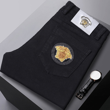 Мъжки дънкови дънки с прав крак, разтеглив деним, Slim-Fit, черни, каменно пране, пет джоба, средна талия, ежедневни