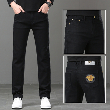 Мъжки дънкови дънки с прав крак, разтеглив деним, Slim-Fit, черни, каменно пране, пет джоба, средна талия, ежедневни