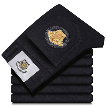 Мъжки дънкови дънки с прав крак, разтеглив деним, Slim-Fit, черни, каменно пране, пет джоба, средна талия, ежедневни