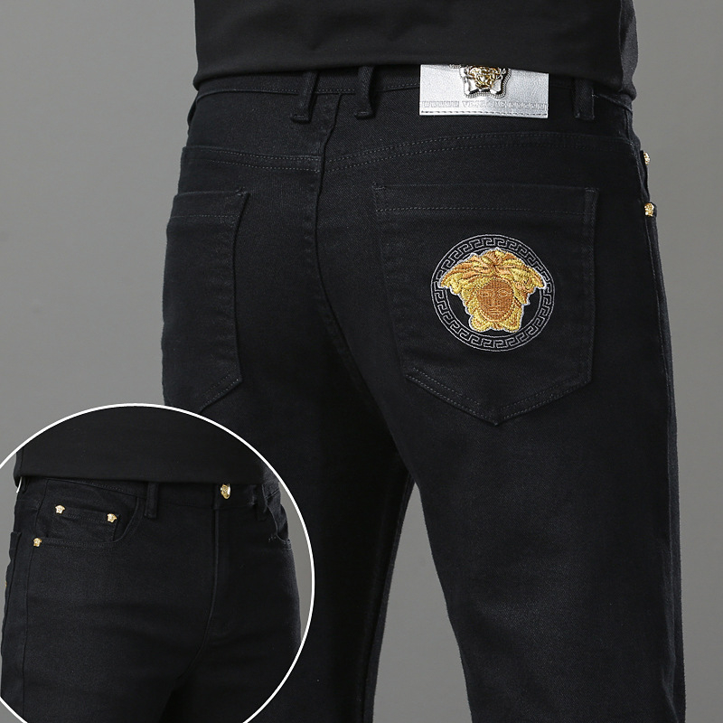 Мъжки дънкови дънки с прав крак, разтеглив деним, Slim-Fit, черни, каменно пране, пет джоба, средна талия, ежедневни