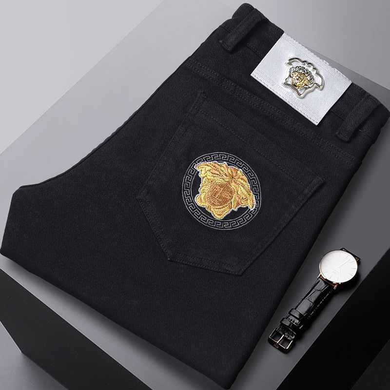 Мъжки дънкови дънки с прав крак, разтеглив деним, Slim-Fit, черни, каменно пране, пет джоба, средна талия, ежедневни