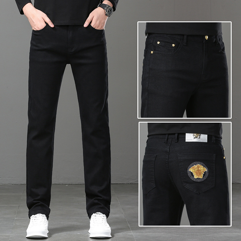 Мъжки дънкови дънки с прав крак, разтеглив деним, Slim-Fit, черни, каменно пране, пет джоба, средна талия, ежедневни
