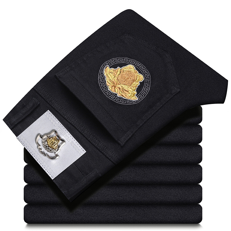 Мъжки дънкови дънки с прав крак, разтеглив деним, Slim-Fit, черни, каменно пране, пет джоба, средна талия, ежедневни
