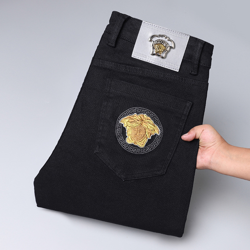 Мъжки дънкови дънки с прав крак, разтеглив деним, Slim-Fit, черни, каменно пране, пет джоба, средна талия, ежедневни