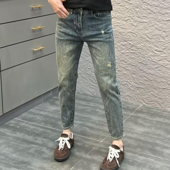 Distresirane vintage muške traperice slim fit s rhinestones ukrasom, rastezljivi denim, proljeće-ljeto 2025