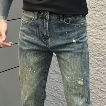 Distresirane vintage muške traperice slim fit s rhinestones ukrasom, rastezljivi denim, proljeće-ljeto 2025