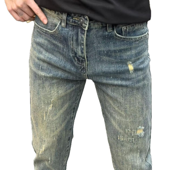 Distresirane vintage muške traperice slim fit s rhinestones ukrasom, rastezljivi denim, proljeće-ljeto 2025