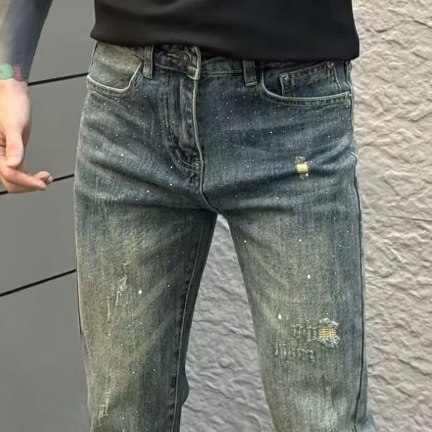 Distresirane vintage muške traperice slim fit s rhinestones ukrasom, rastezljivi denim, proljeće-ljeto 2025
