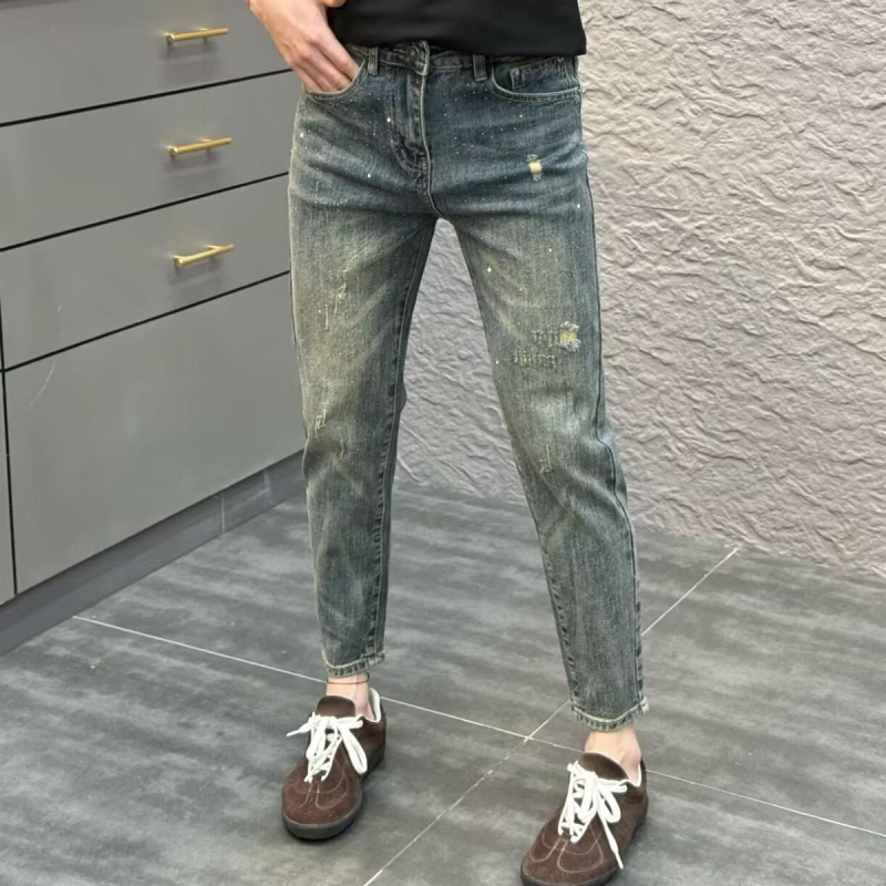 Distresirane vintage muške traperice slim fit s rhinestones ukrasom, rastezljivi denim, proljeće-ljeto 2025