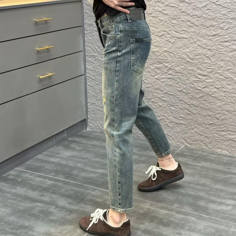Distresirane vintage muške traperice slim fit s rhinestones ukrasom, rastezljivi denim, proljeće-ljeto 2025