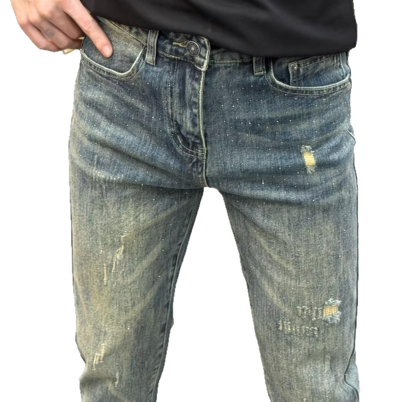 Distresirane vintage muške traperice slim fit s rhinestones ukrasom, rastezljivi denim, proljeće-ljeto 2025