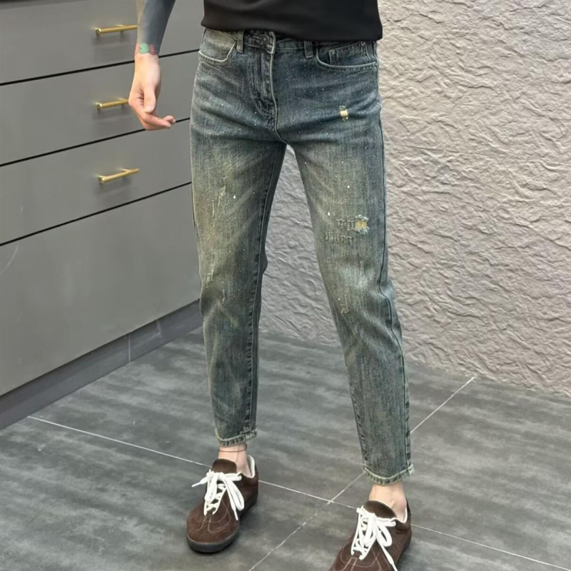 Distresirane vintage muške traperice slim fit s rhinestones ukrasom, rastezljivi denim, proljeće-ljeto 2025