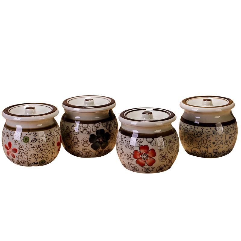 Keramički set posuda za začine: posuda za šećer i posuda za sol, ručno oslikani, s priloženom žličicom, japanski retro stil.