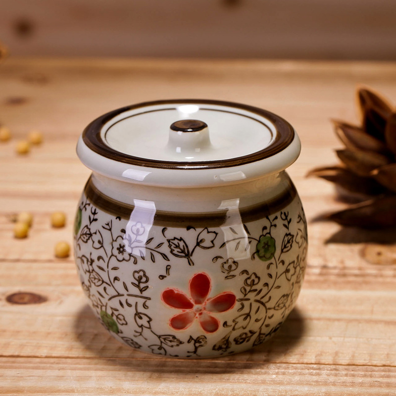 Keramički set posuda za začine: posuda za šećer i posuda za sol, ručno oslikani, s priloženom žličicom, japanski retro stil.