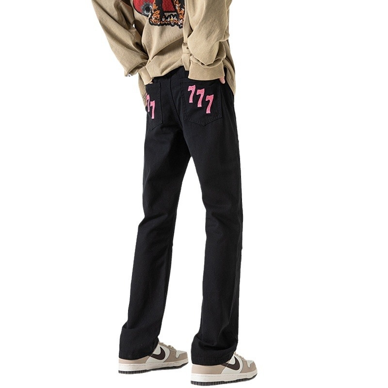 Crne muške traperice ravnog kroja, proljeće, američki street stil s retro vibrom, Slim fit, plus veličina