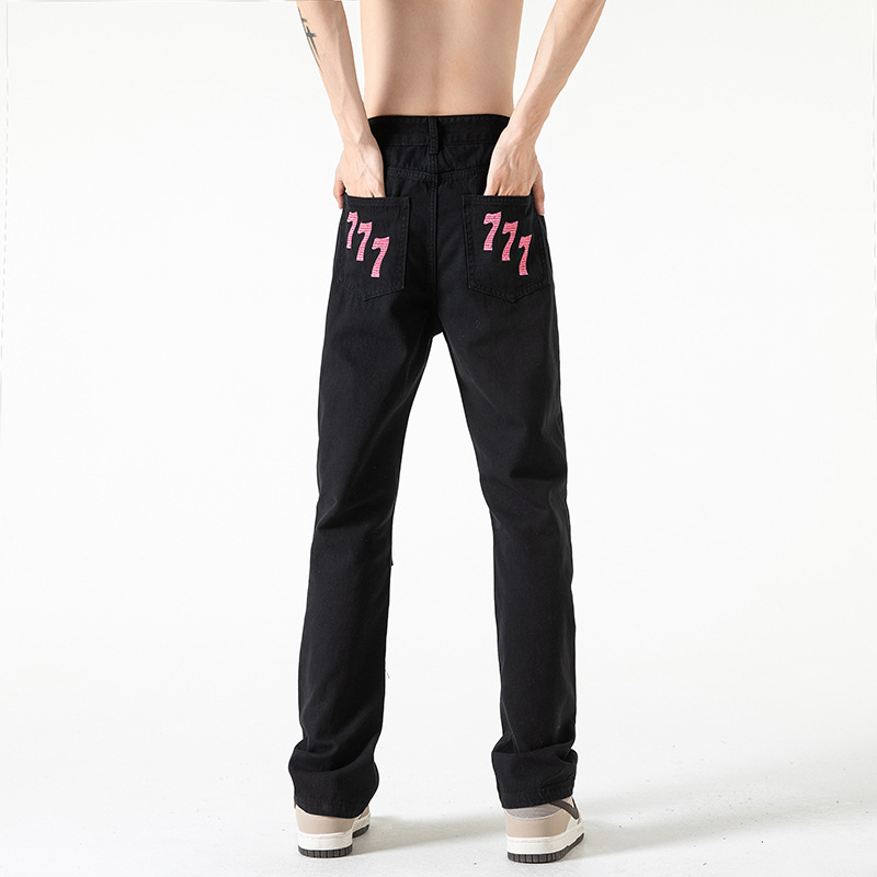 Crne muške traperice ravnog kroja, proljeće, američki street stil s retro vibrom, Slim fit, plus veličina