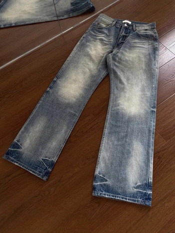 Американски Cleanfit джинси с котешки мустачки, distressed, пране, микро-фларе, прав крак, мъжки свободни дънки