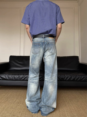Американски Cleanfit джинси с котешки мустачки, distressed, пране, микро-фларе, прав крак, мъжки свободни дънки