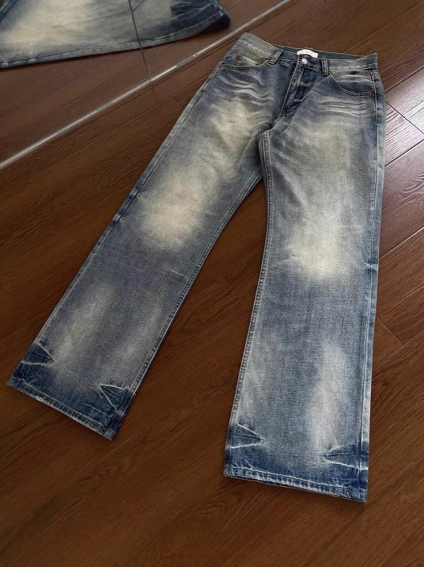 Американски Cleanfit джинси с котешки мустачки, distressed, пране, микро-фларе, прав крак, мъжки свободни дънки