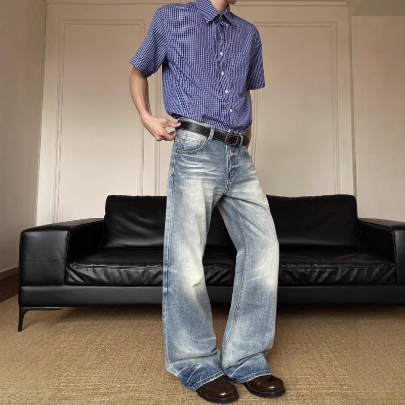 Американски Cleanfit джинси с котешки мустачки, distressed, пране, микро-фларе, прав крак, мъжки свободни дънки
