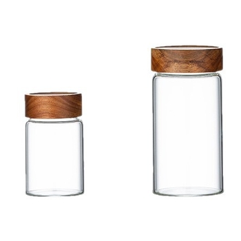 Staklena posuda za zrna kave od borosilikatnog stakla, poklopac od drveta akacije, nepravilnog oblika, 301–500 ml