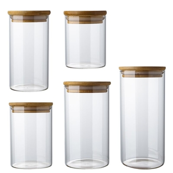 Staklena posuda za pohranu s poklopcem od bambusa i drveta, 301-500 ml, za kuhinjske žitarice