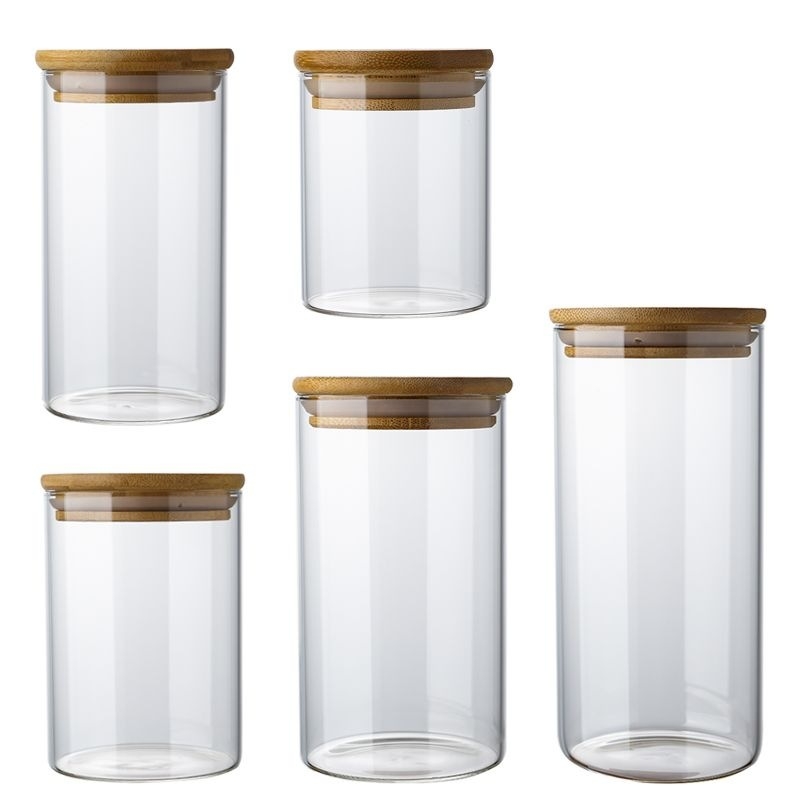 Staklena posuda za pohranu s poklopcem od bambusa i drveta, 301-500 ml, za kuhinjske žitarice